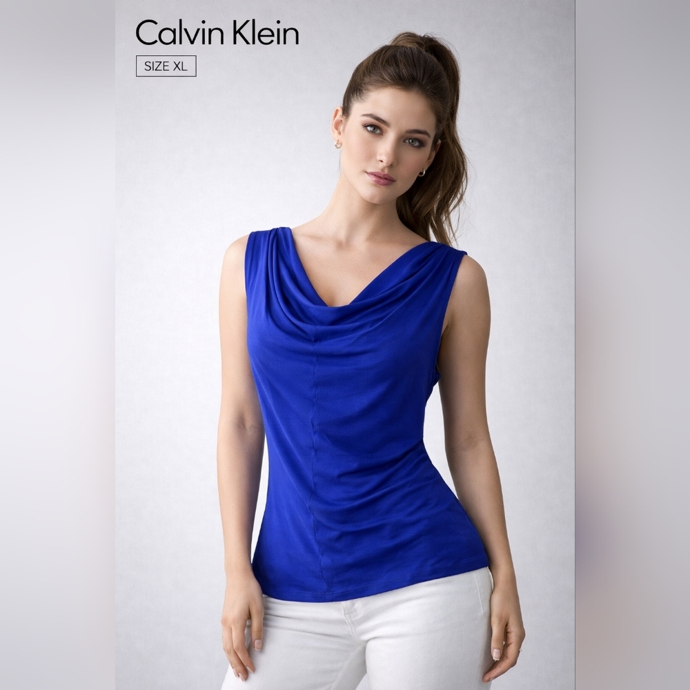 Calvin Klein Women’s Draped Neck Blouse Blue Sleeveless Stretch XL